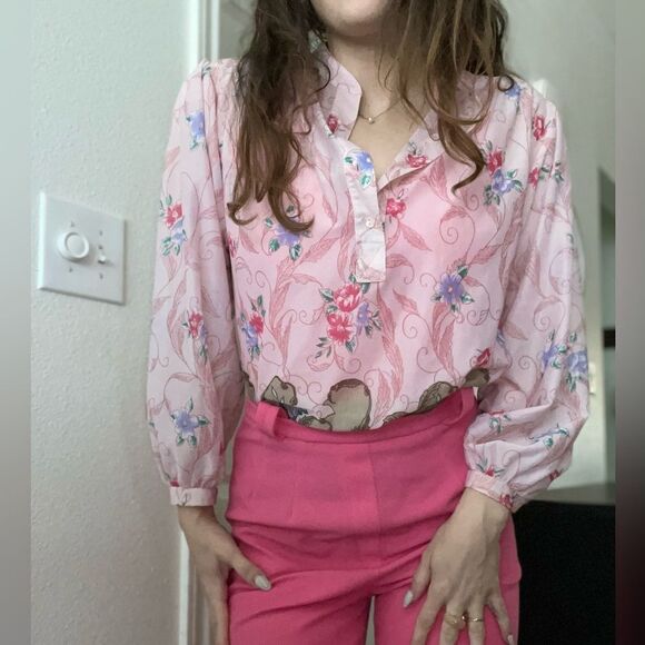 Vintage 70s Pink Whimsical Floral Art Deco Blouse Size Medium Pink Brown Birds - Picture 1 of 4